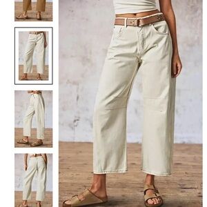 Flamingals Solid Stitch Detail Mid Waist Crop Straight Leg Jeans in Cream NWT